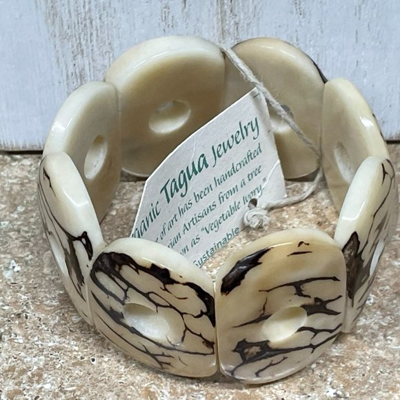 TAGUA NUTS TROPICAL NATURAL "VEGETABLE IVORY" STRETCH PANEL BRACELET FAIR TRADE - Picture 2 of 8